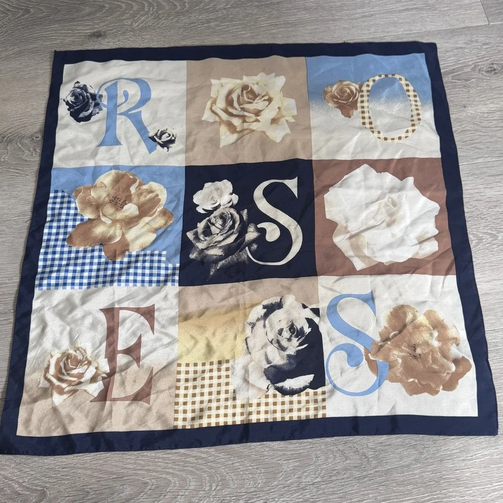 Il Mondo di Angelo Vintage Silk Scarf Roses Floral Navy Blue Tan Made in Italy